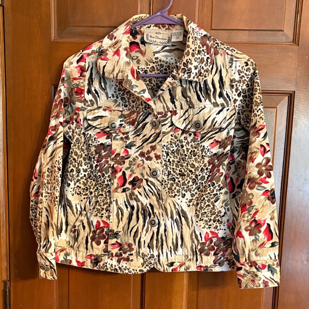 New Directions Red and Black Animal Print Jean Jacket